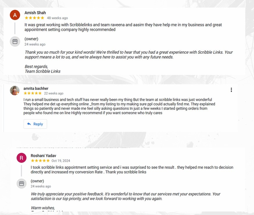 Screenshot of Scribble Links' Google reviews: five-star reviews from Amish Shah, Amrita Bachher and Roshani Yadav